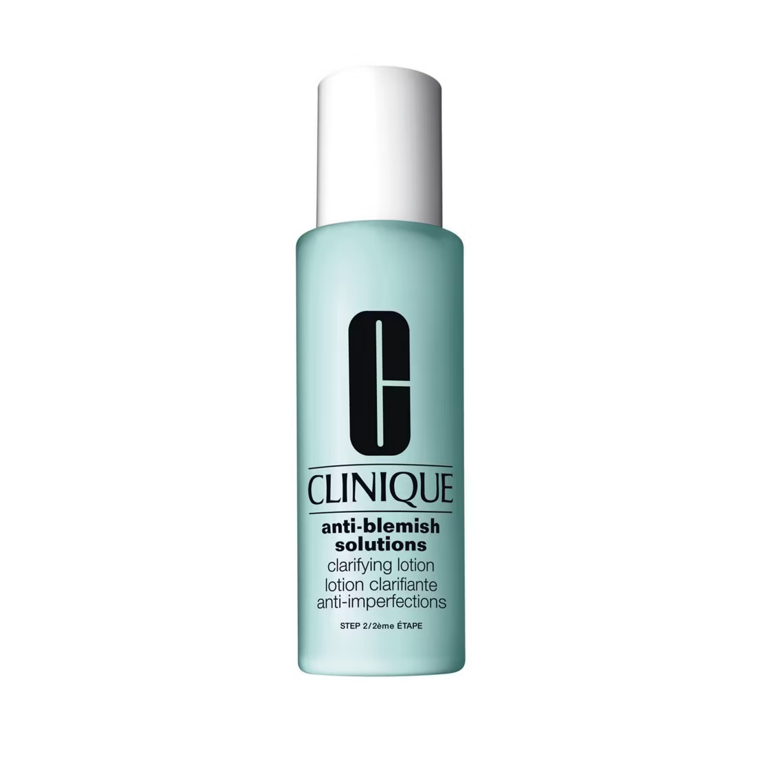 A light blue 200ml bottle of Clinique Anti-Blemish Solutions Clarifying Lotion, an exfoliating acne-fighting toner, features a white cap and black text on the label.