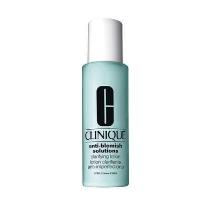 A light blue 200ml bottle of Clinique Anti-Blemish Solutions Clarifying Lotion, an exfoliating acne-fighting toner, features a white cap and black text on the label.