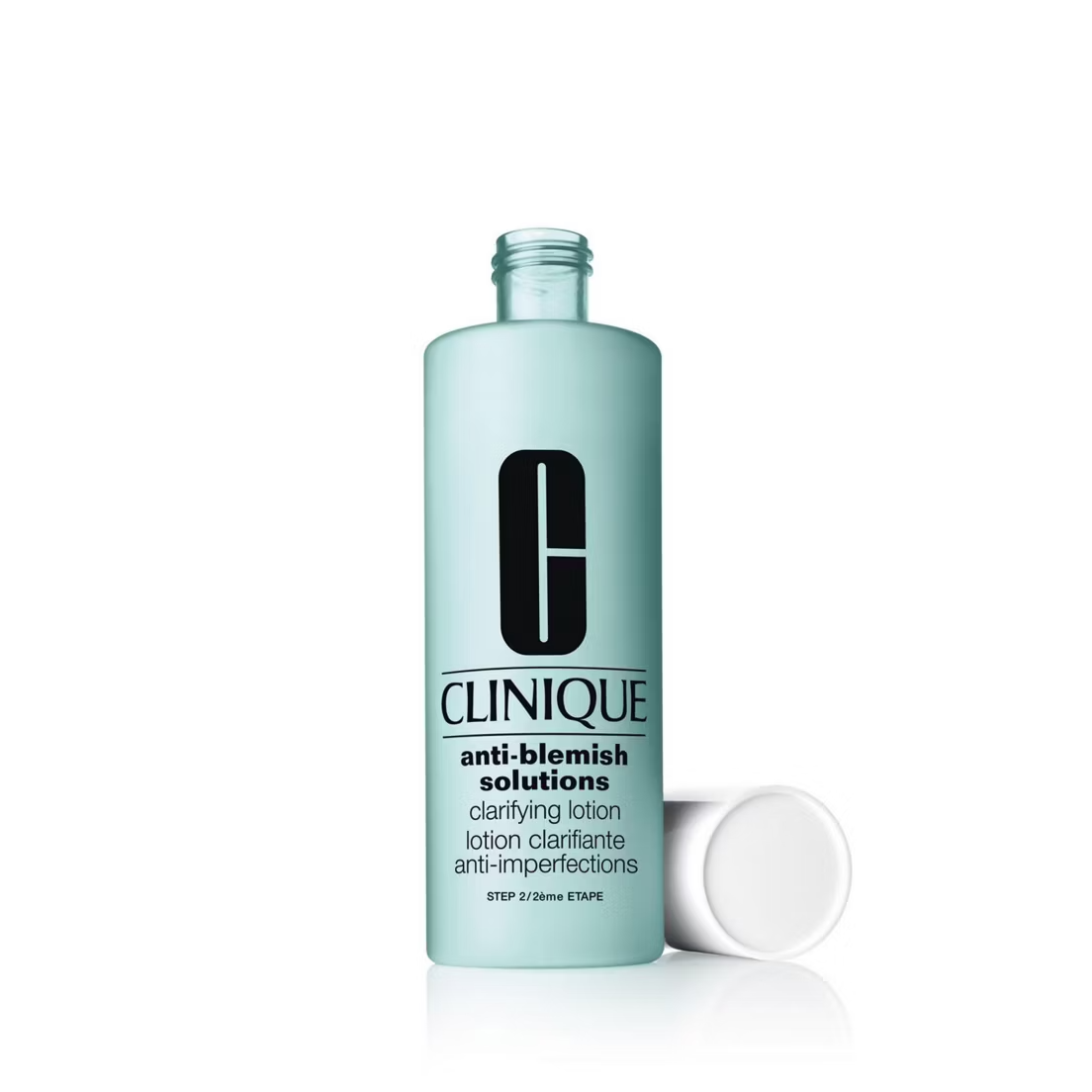A light blue 200ml bottle of Clinique Anti-Blemish Solutions Clarifying Lotion, an exfoliating toner for acne by Clinique with a white cap, lies next to it on a white background.