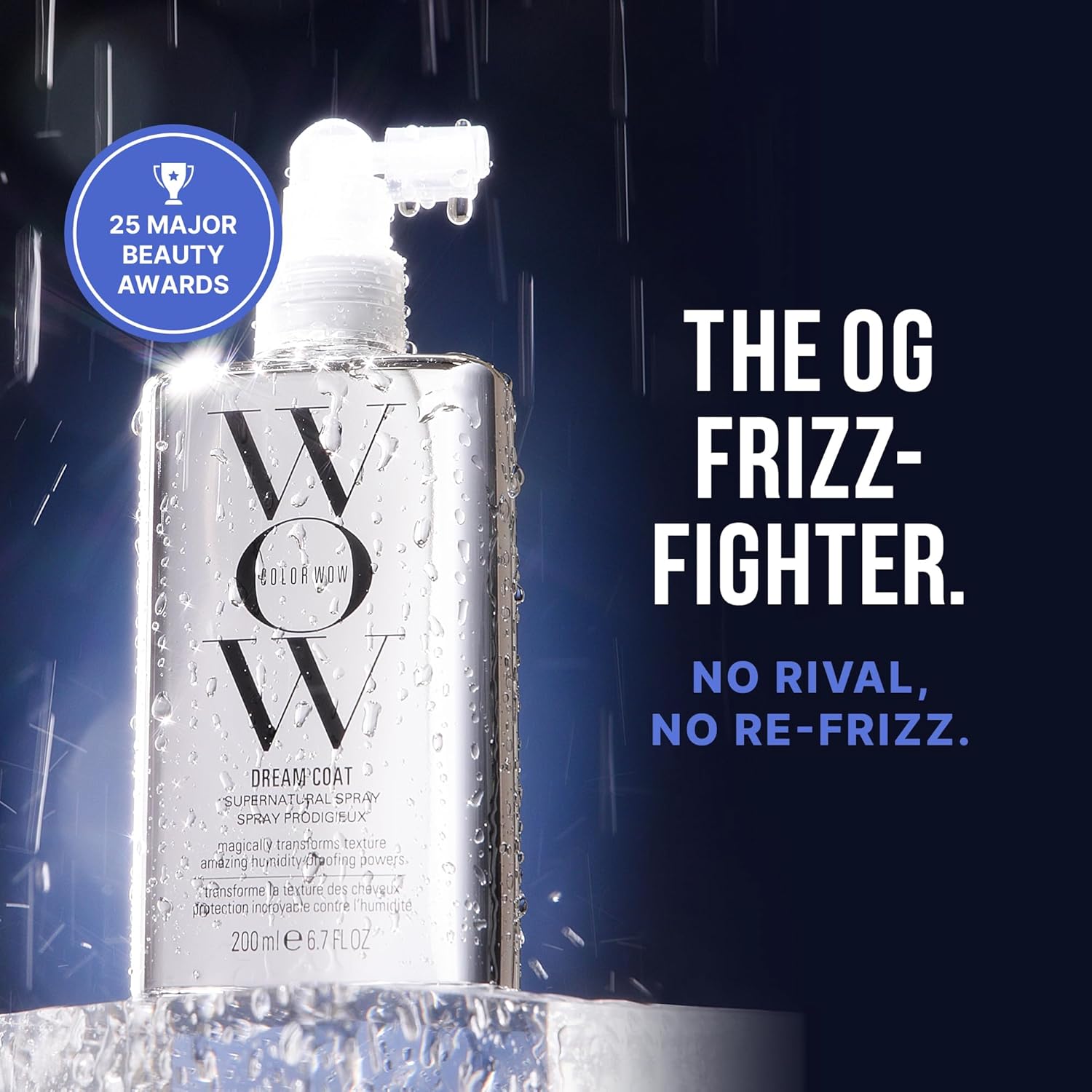 Bottle of WOW Haircare product with text 'The OG Frizz-Fighter' and '25 Major Beauty Awards' on a dark background.