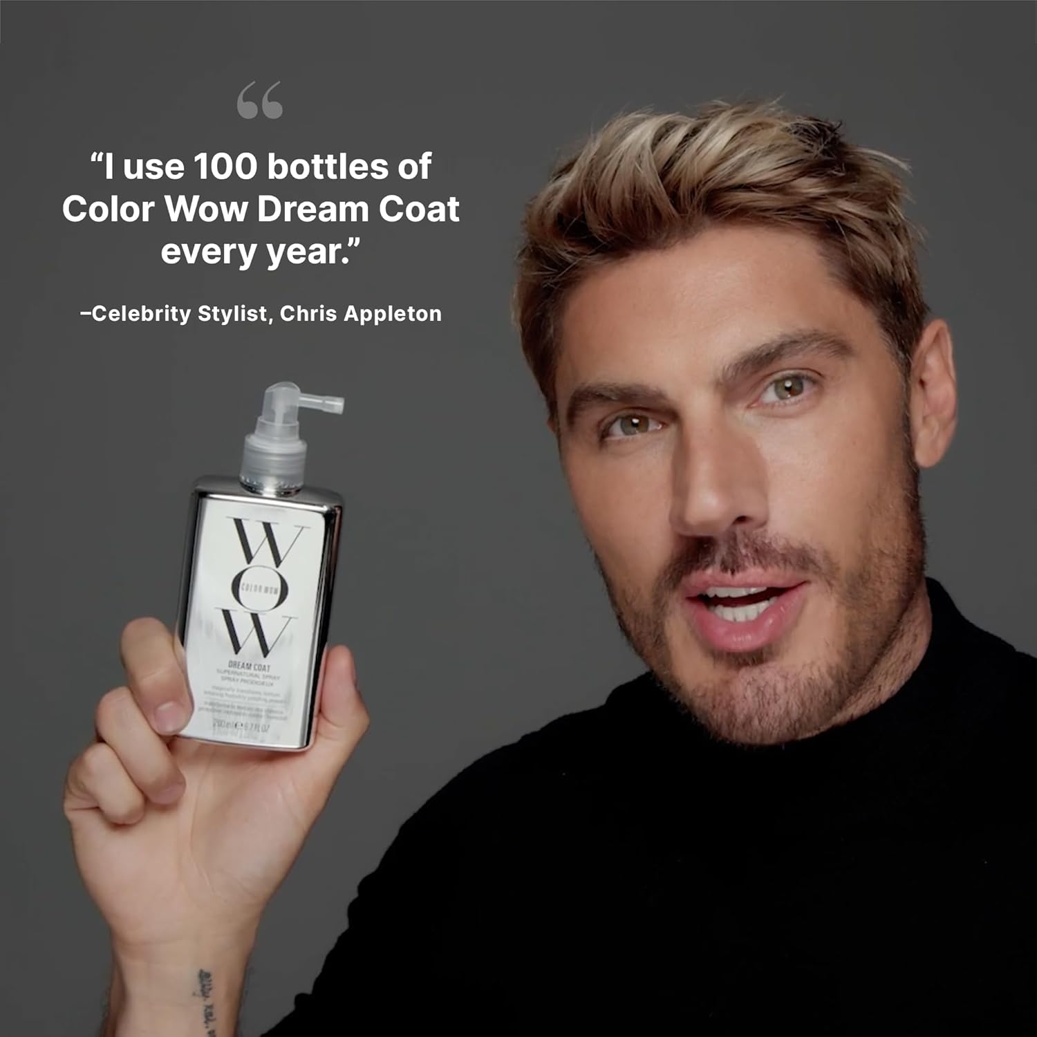 Man holding a bottle of Color Wow Dream Coat with a quote from a celebrity stylist on a gray background