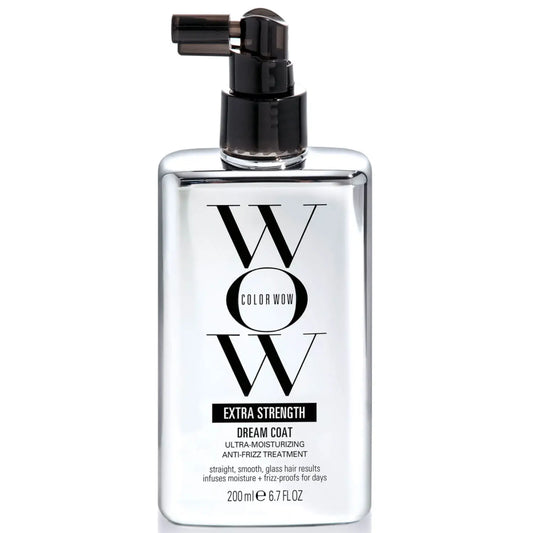 A clear rectangular bottle of Color Wow Extra Strength Dream Coat Ultra Anti Frizz Treatment with a black spray nozzle and label, containing 200 mL (6.7 fl oz) of ultra anti-frizz formula for glossy hair by Color Wow.
