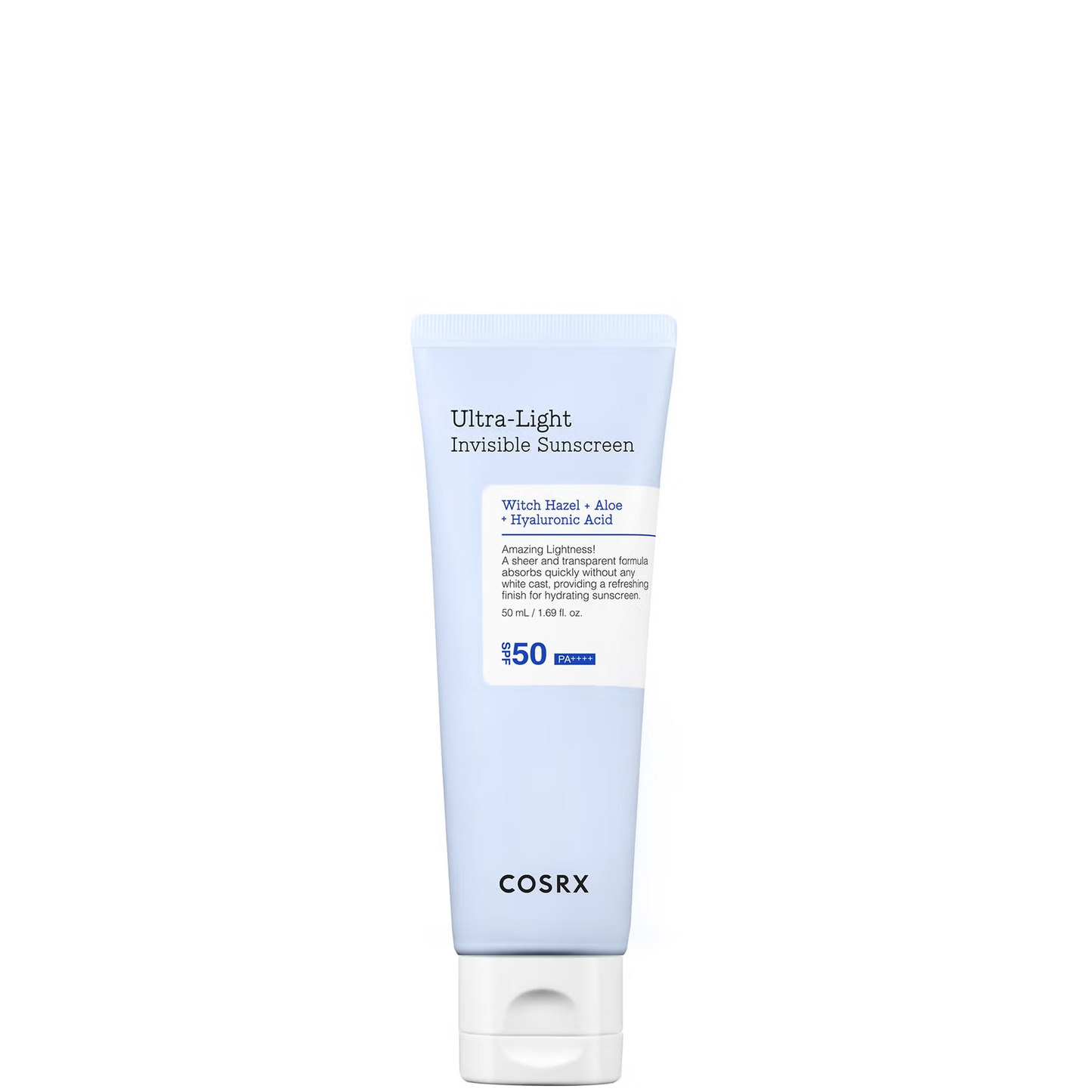Cosrx ultra-light invisible sunscreen tube on a white background