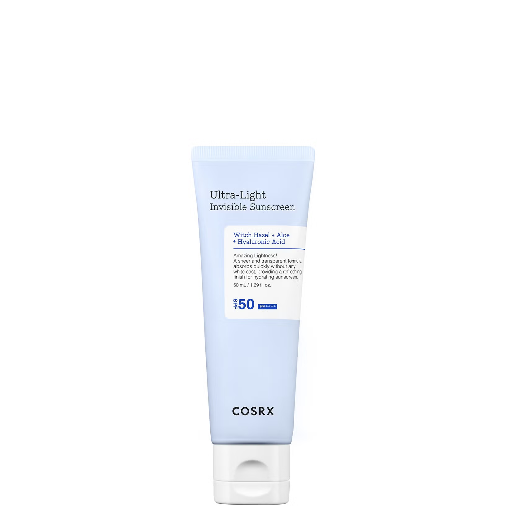 Cosrx ultra-light invisible sunscreen tube on a white background