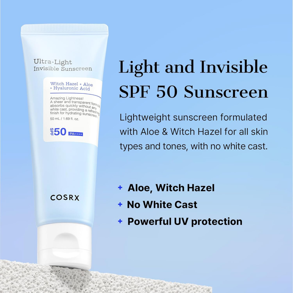 COSRX sunscreen tube with text on a blue background