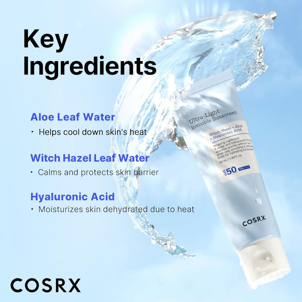 Cosrx sunscreen tube with key ingredients listed on a blue background
