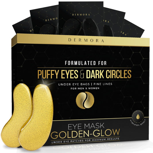 Dermora Golden-Glow Eye Mask for puffy eyes, dark circles, and fine lines. Black and gold packaging with gold under-eye patches for hydration and rejuvenation.