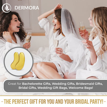 Bridal party enjoying Dermora Golden-Glow Eye Masks while wearing robes and sipping champagne. Promoted as a great gift for bridesmaids, weddings, and bachelorette parties.