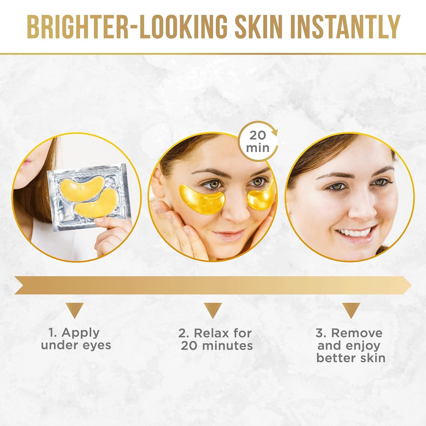 Step-by-step guide to using Dermora Golden-Glow Eye Masks: 1. Apply under eyes, 2. Relax for 20 minutes, 3. Remove and enjoy brighter-looking skin instantly.