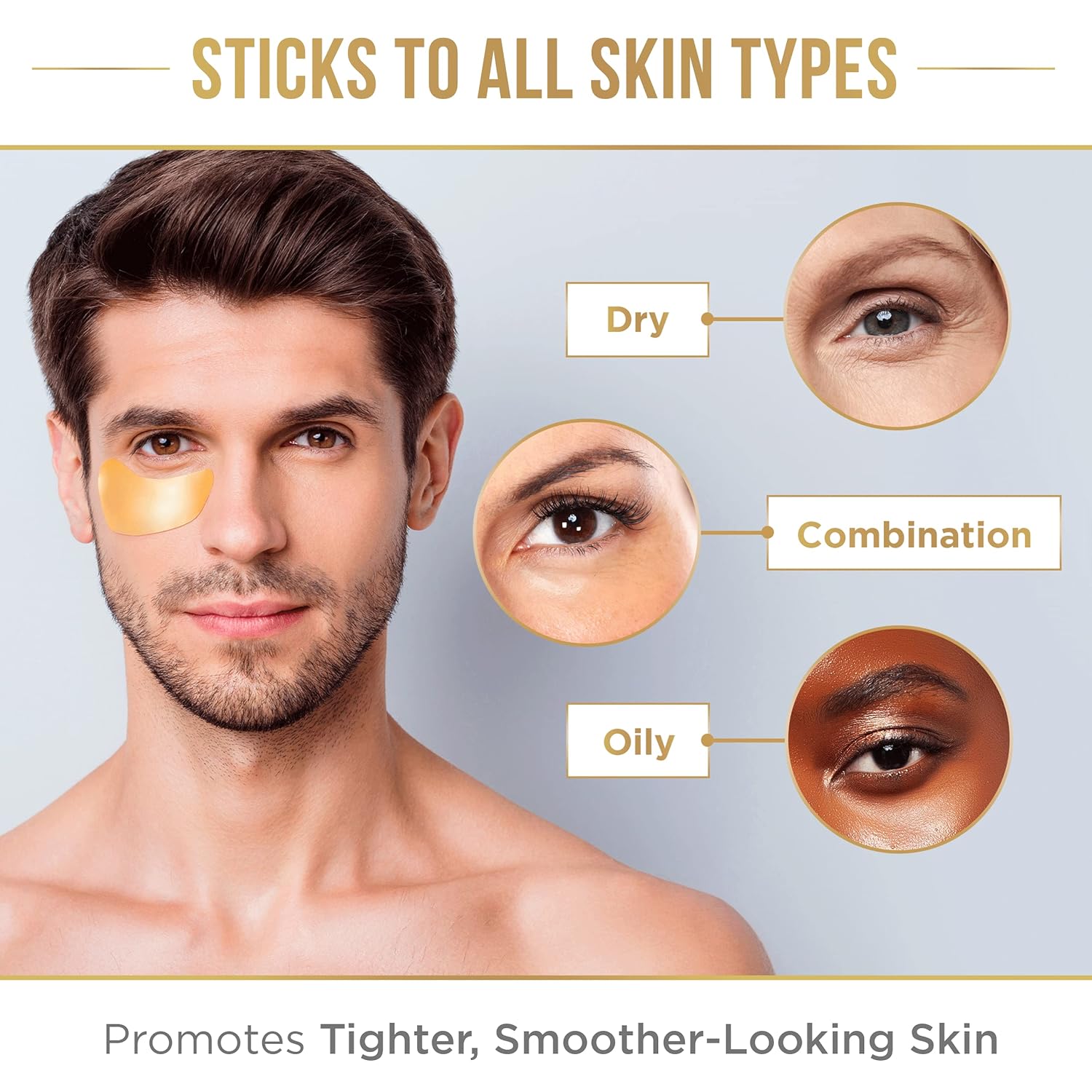 Man wearing Dermora Golden-Glow Eye Mask, highlighting its suitability for dry, combination, and oily skin. Promotes tighter, smoother-looking skin.