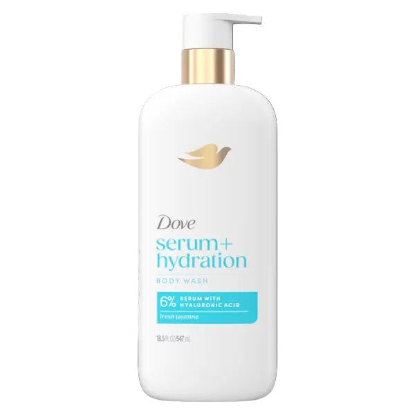A bottle of Dove Serum+ Hydration Body Wash on a solid black background. The bottle is white with a gold pump collar, a white pump, and light blue and gold text and logo details.