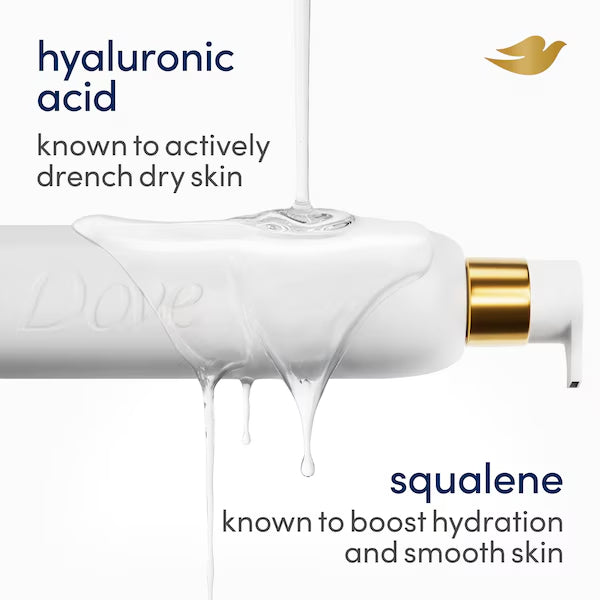 Dove skincare product with hyaluronic acid and squalene text on a white background