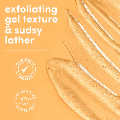 Exfoliating gel texture and sudsy lather with 'Clinically Proven' and 'Paraben Free, Sulfate Free' labels on an orange background.