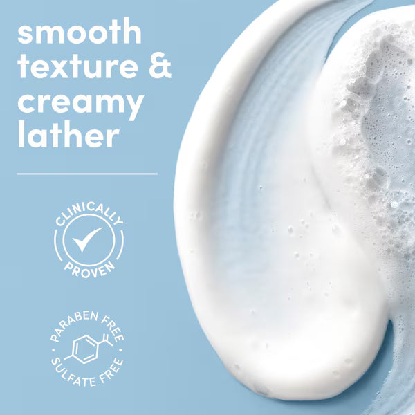 Creamy lather with text 'smooth texture & creamy lather' and 'clinically proven' on a blue background.
