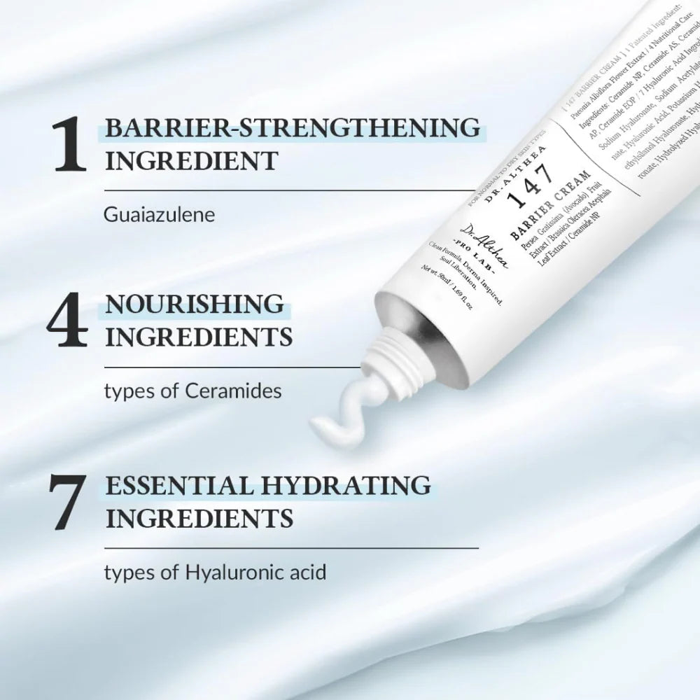 Tube of skincare cream with text detailing ingredients on a light blue background