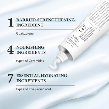 Tube of skincare cream with text detailing ingredients on a light blue background