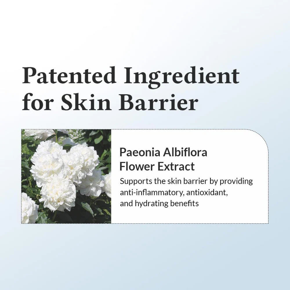 Advertisement for Paeonia Albiflora Flower Extract as a patented ingredient for skin barrier support.