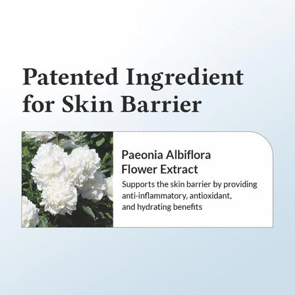 Advertisement for Paeonia Albiflora Flower Extract as a patented ingredient for skin barrier support.