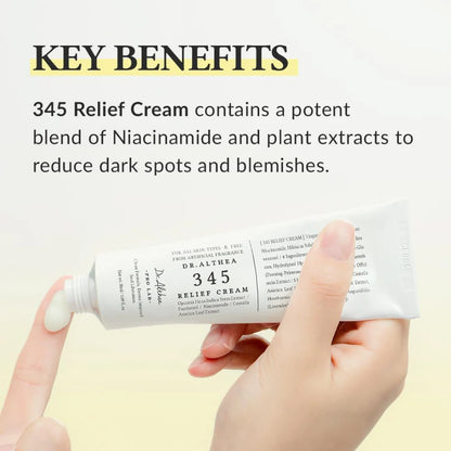 Hand holding a tube of Dr. Altura 345 Relief Cream with text about its key benefits on a light background.
