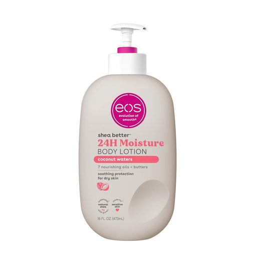 The EOS Shea Better 24H Body Lotion in Coconut Waters scent is enriched with shea butter and features seven nourishing oils and butters for soothing dry skin. The pump bottle contains 473 ml (16 fl oz).
