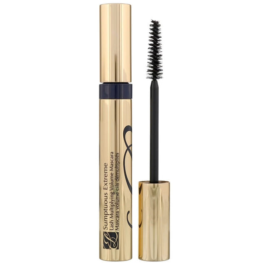 Sculpted S mascara with gold tube and black wand on white background
