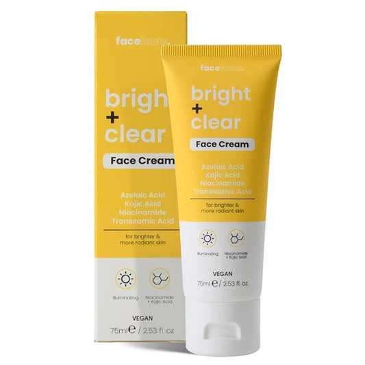 Tube and box of 'bright + clear' Face Cream on a white background