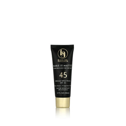 The Black Girl Sunscreen Make It Matte™ SPF45, designed for women of color, features a vegan formula in a 50ml tube. The black packaging with gold and white text makes it ideal for facial use.