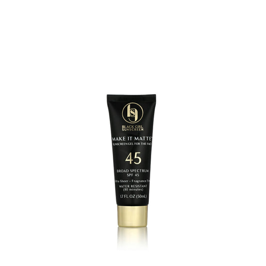 The Black Girl Sunscreen Make It Matte™ SPF45, designed for women of color, features a vegan formula in a 50ml tube. The black packaging with gold and white text makes it ideal for facial use.