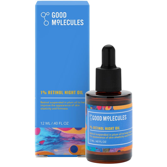 Good Molecules 1% Retinol Night Oil (12ml) in a dark glass dropper bottle with a blue box. Designed to improve skin elasticity, tone, and smoothness overnight.