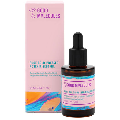 Good Molecules Pure Cold-Pressed Rosehip Seed Oil (13ml) in a dark glass dropper bottle with a colorful box. Antioxidant-rich facial oil for brightening and elasticity.