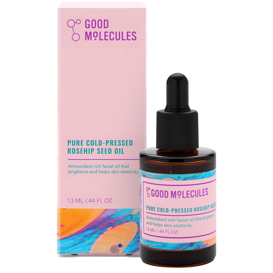 Good Molecules Pure Cold-Pressed Rosehip Seed Oil (13ml) in a dark glass dropper bottle with a colorful box. Antioxidant-rich facial oil for brightening and elasticity.