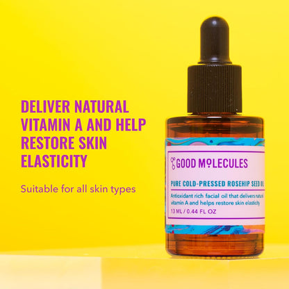 Good Molecules Pure Cold-Pressed Rosehip Seed Oil bottle against a yellow background. Delivers natural Vitamin A and helps restore skin elasticity.