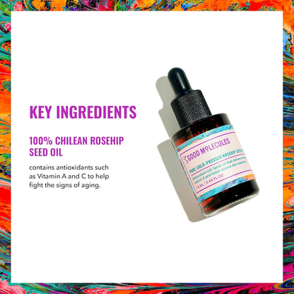 Good Molecules Rosehip Seed Oil with key ingredient 100% Chilean Rosehip Seed Oil, rich in Vitamin A and C, promoting anti-aging and skin nourishment.
