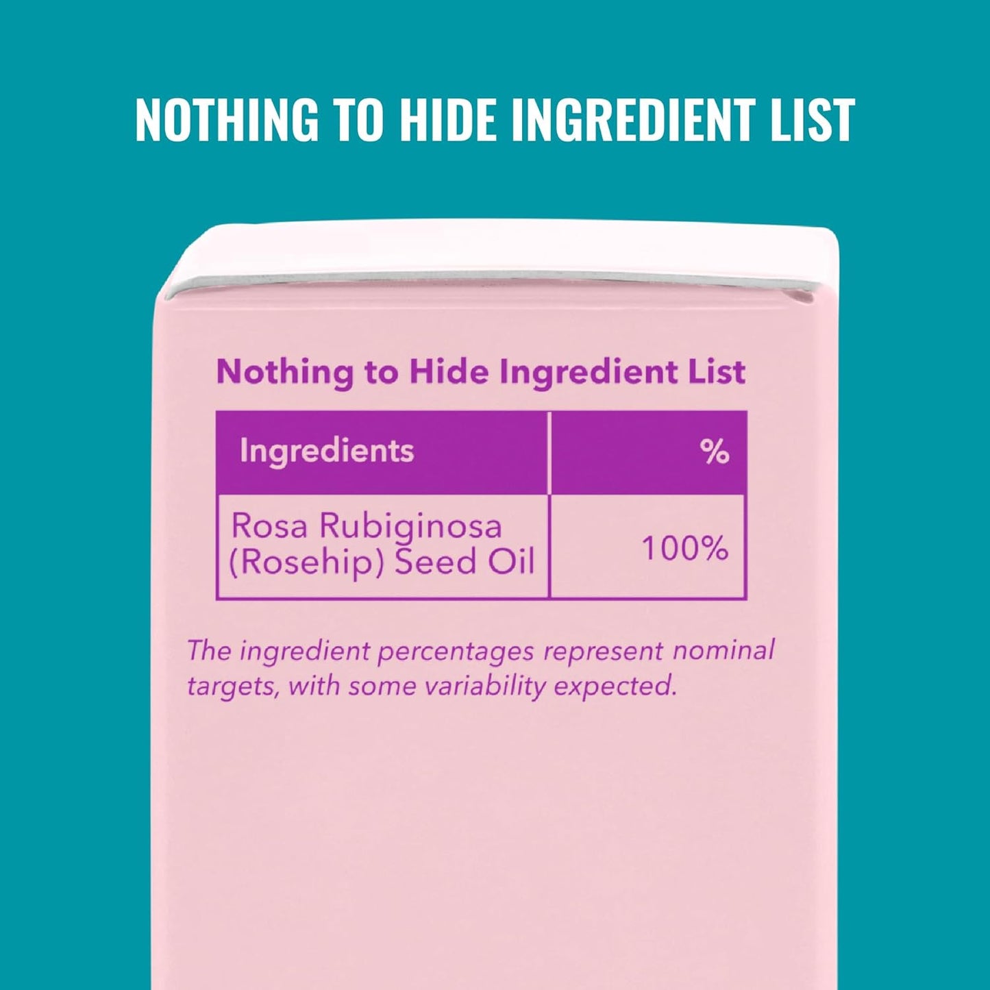 Good Molecules "Nothing to Hide" ingredient list showing 100% Rosa Rubiginosa (Rosehip) Seed Oil as the sole ingredient, emphasizing purity and transparency.
