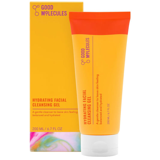 A 200ml tube of Good Molecules Hydrating Facial Cleansing Gel is shown in front of its vibrant box. The design emphasizes the hydrating and pH-balanced benefits, perfect for refreshed skin.