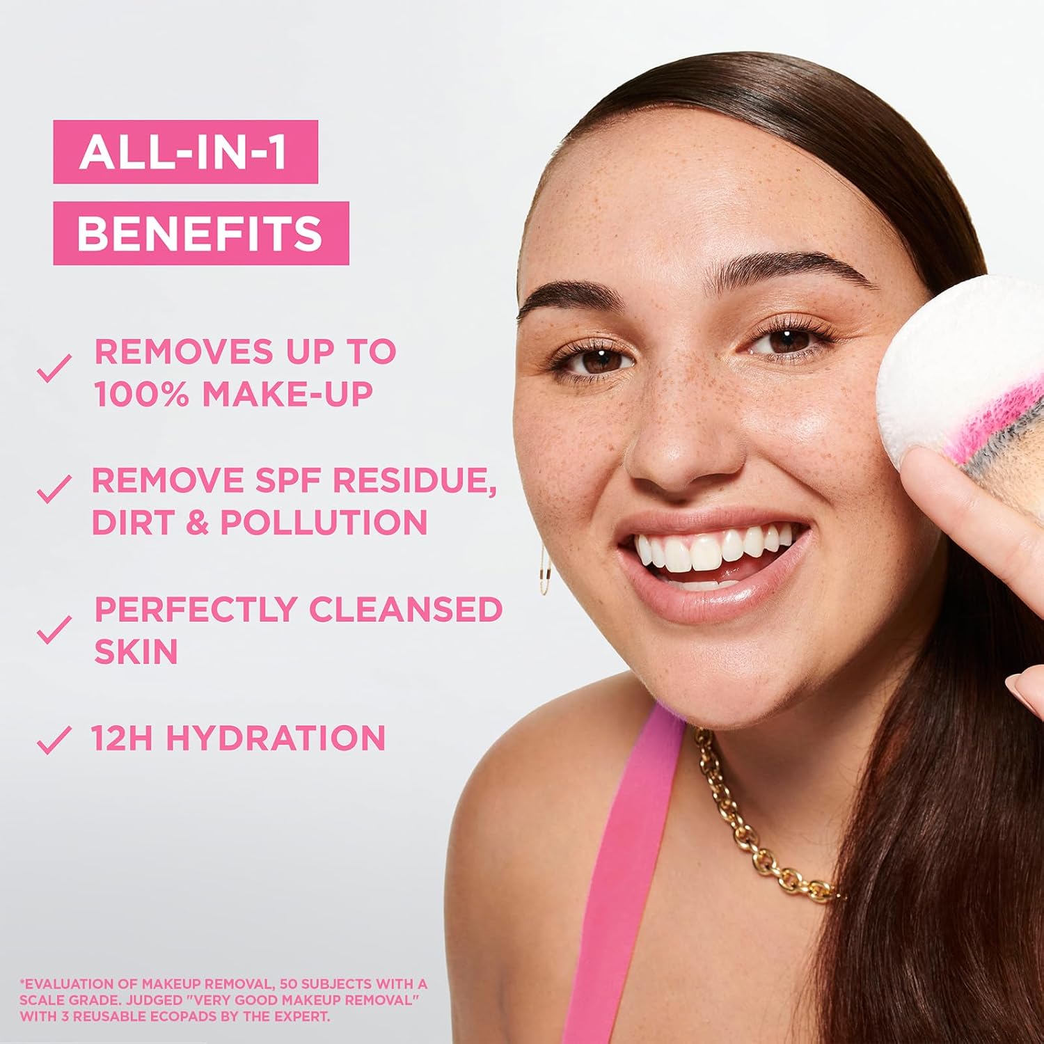 A person with long brown hair uses a pink and white pad to apply Garnier Micellar Cleansing Water, Makeup Remover for Sensitive Skin, illustrating its gentle cleansing power that removes makeup, SPF, dirt, and pollution while providing 12-hour hydration against a bright background.