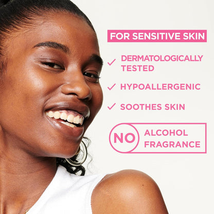 A smiling person with smooth skin embodies Garnier Micellar Cleansing Water. This dermatologically tested, hypoallergenic makeup remover for sensitive skin soothes effectively without alcohol or fragrance.