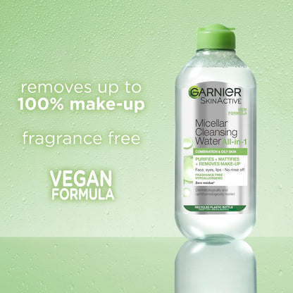 Garnier Micellar Cleansing Water is set against a watery green backdrop, with text noting it removes up to 100% make-up, is fragrance free, and has a vegan formula. The label emphasizes benefits for combination and oily skin, making it an ideal cleanser and makeup remover.