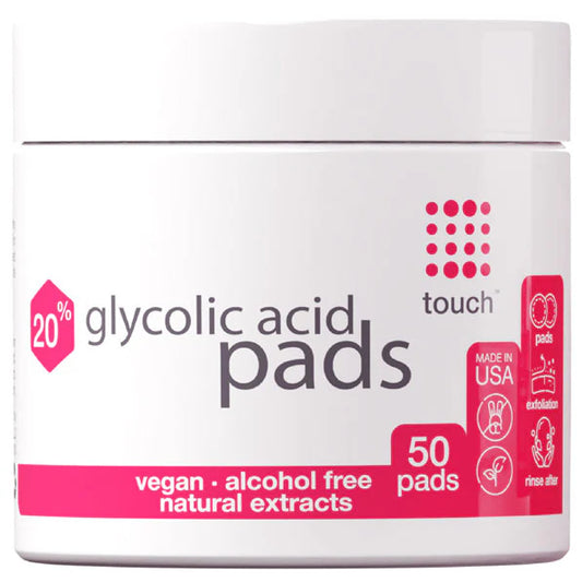 Touch 20% Glycolic Acid Pads in a white jar with a pink label. Contains 50 exfoliating pads, vegan, alcohol-free, with natural extracts for skin renewal and brightening.