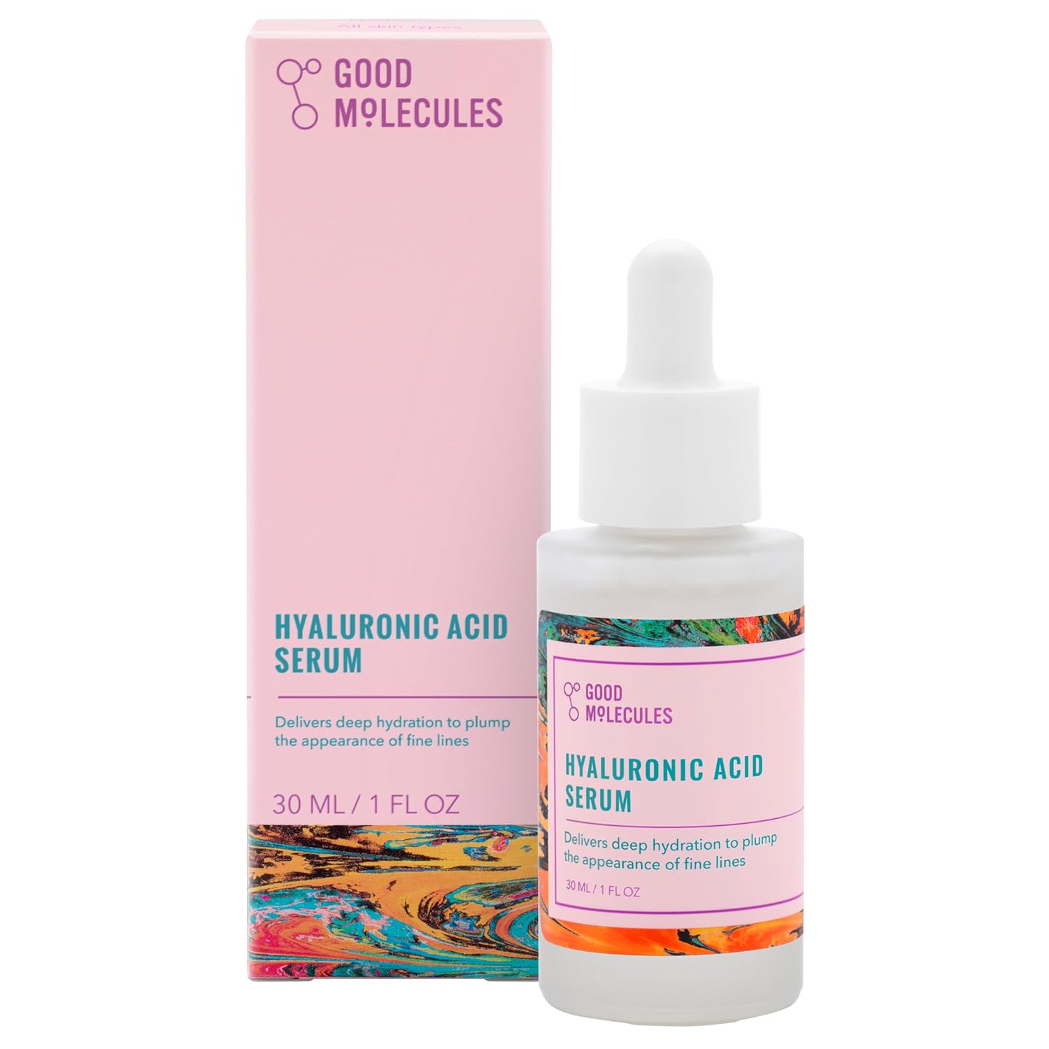 A Good Molecules Hyaluronic Acid Serum dropper bottle (30ML/1 FL OZ) stands before its pink box. Abstract designs on the label emphasize its moisturizing power for radiant skin.