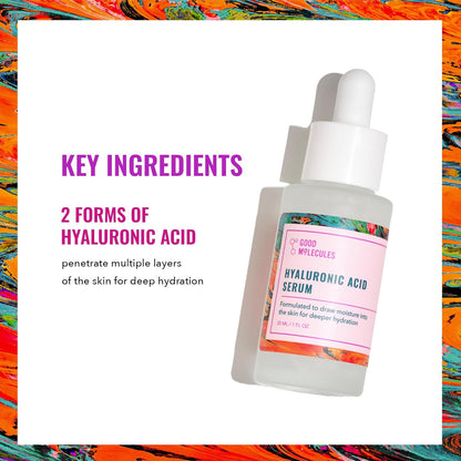 The Good Molecules Hyaluronic Acid Serum - 30ML showcases its moisturizing power with dual hyaluronic acid forms for deep hydration. The vibrant backdrop of orange, blue, and black swirls complements the text Key Ingredients for radiant skin.