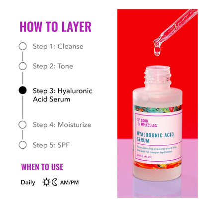 A guide titled How to Layer lists steps for radiant skin with the Good Molecules Hyaluronic Acid Serum highlighted: Cleanse, Tone, apply Serum, Moisturize, and SPF. An open serum bottle with a dropper sits beside the list. Use its moisturizing power daily in the morning or at night.