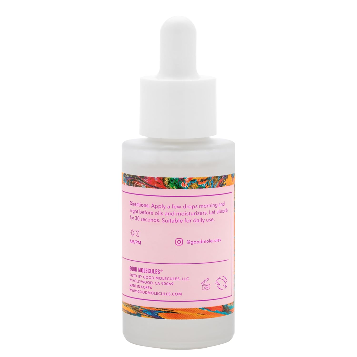 The Good Molecules Hyaluronic Acid Serum - 30ML/1 FL OZ comes in a dropper bottle with a vibrant label, featuring usage directions, contact info, and branding on a pastel background with a white cap. Celebrated for its moisturizing power, it promotes radiant skin effectively.