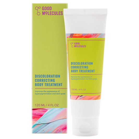 The image shows a 120 ml tube of Good Molecules Discoloration Correcting Body Treatment with Tranexamic Acid next to its packaging. Both are mainly white with colorful accents and text highlighting the products purpose and size.