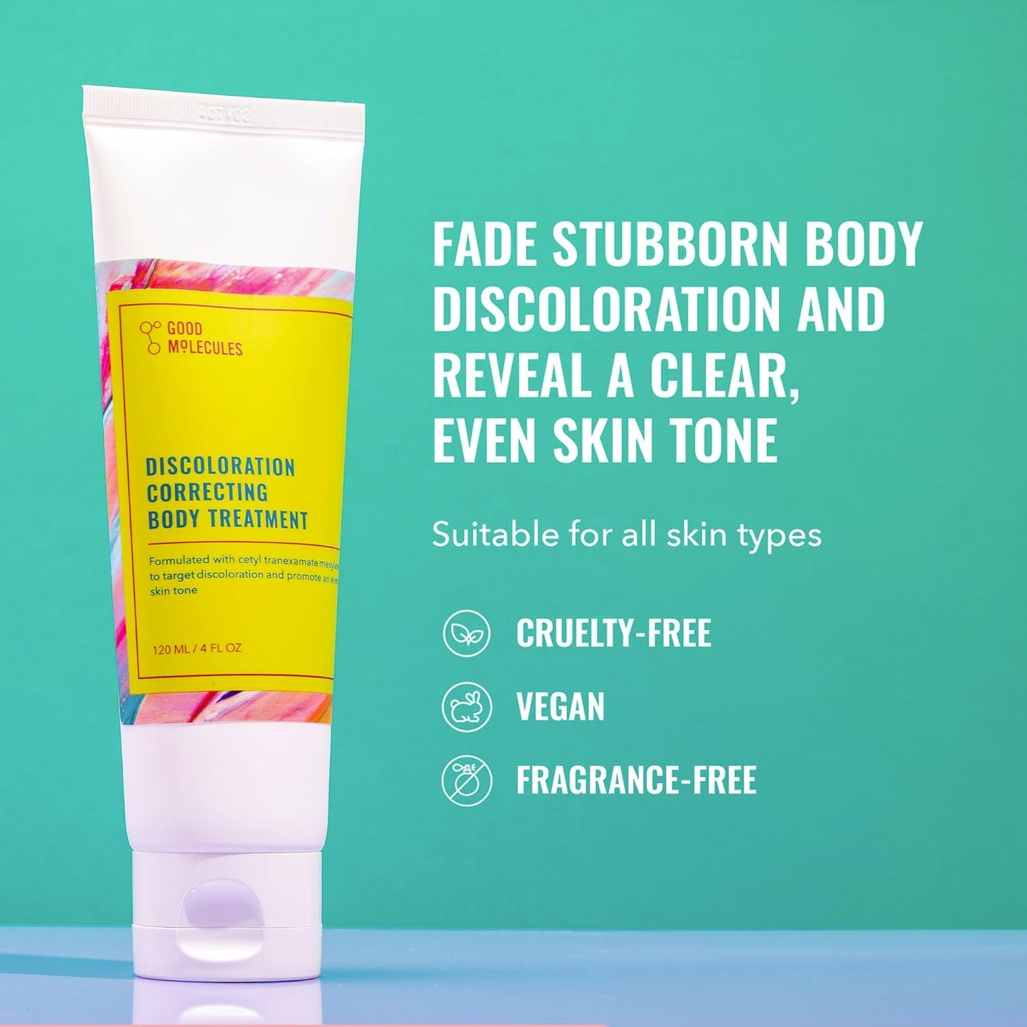 A tube of Good Molecules Discoloration Correcting Body Treatment rests against a turquoise background. The text promotes its niacinamide-powered formula for fading stubborn discoloration to unveil clear, even skin. Icons denote it as cruelty-free, vegan, and fragrance-free.