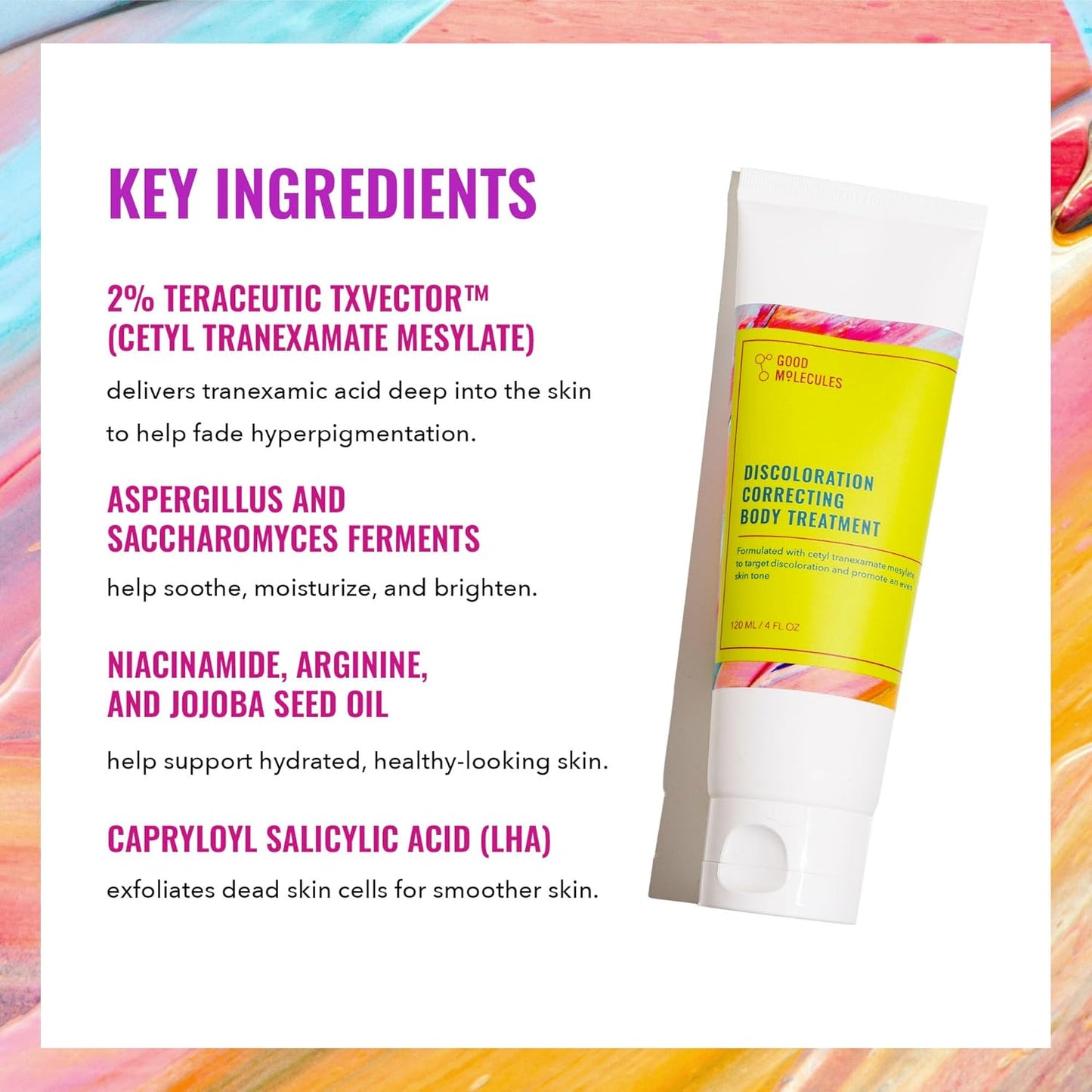 A colorful brochure highlights the Good Molecules Discoloration Correcting Body Treatment (120ML/4 FL OZ), emphasizing its use of tranexamic acid, niacinamide, ferments, arginine, jojoba seed oil, and salicylic acid for effective skin improvement.