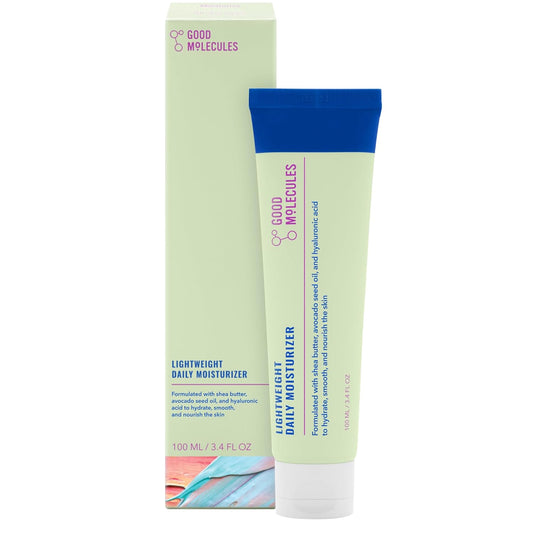 A tube of Good Molecules Lightweight Daily Moisturizer stands in front of its matching box. The light green tube with a blue cap and purple text nourishes the skin, while the box shares this color scheme and provides extra product details.