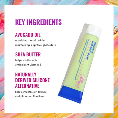 The image shows Good Molecules Lightweight Daily Moisturizer in a green tube with a blue cap. It contains nourishing avocado oil, soothing shea butter with vitamin E, and an antioxidant-rich silicone alternative for smoothing and plumping. The background is colorful.