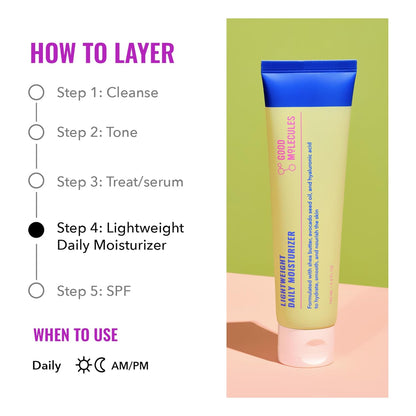 Instructions for skincare layering are provided. Step 4 highlights Good Molecules Lightweight Daily Moisturizer, an antioxidant-rich formula that nourishes skin. A product tube labeled with the brand name appears on the right, featuring a blue cap and gradient design against a lime green background.