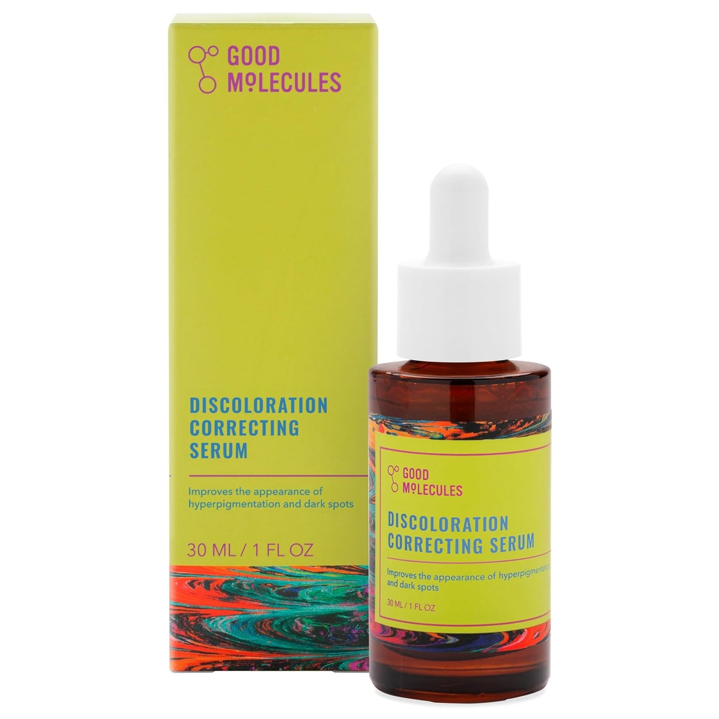 The Good Molecules Discoloration Correcting Serum, 30ML/1 FL OZ, featuring tranexamic acid, is displayed with its vibrant green box, emphasizing benefits for hyperpigmentation and dark spots.